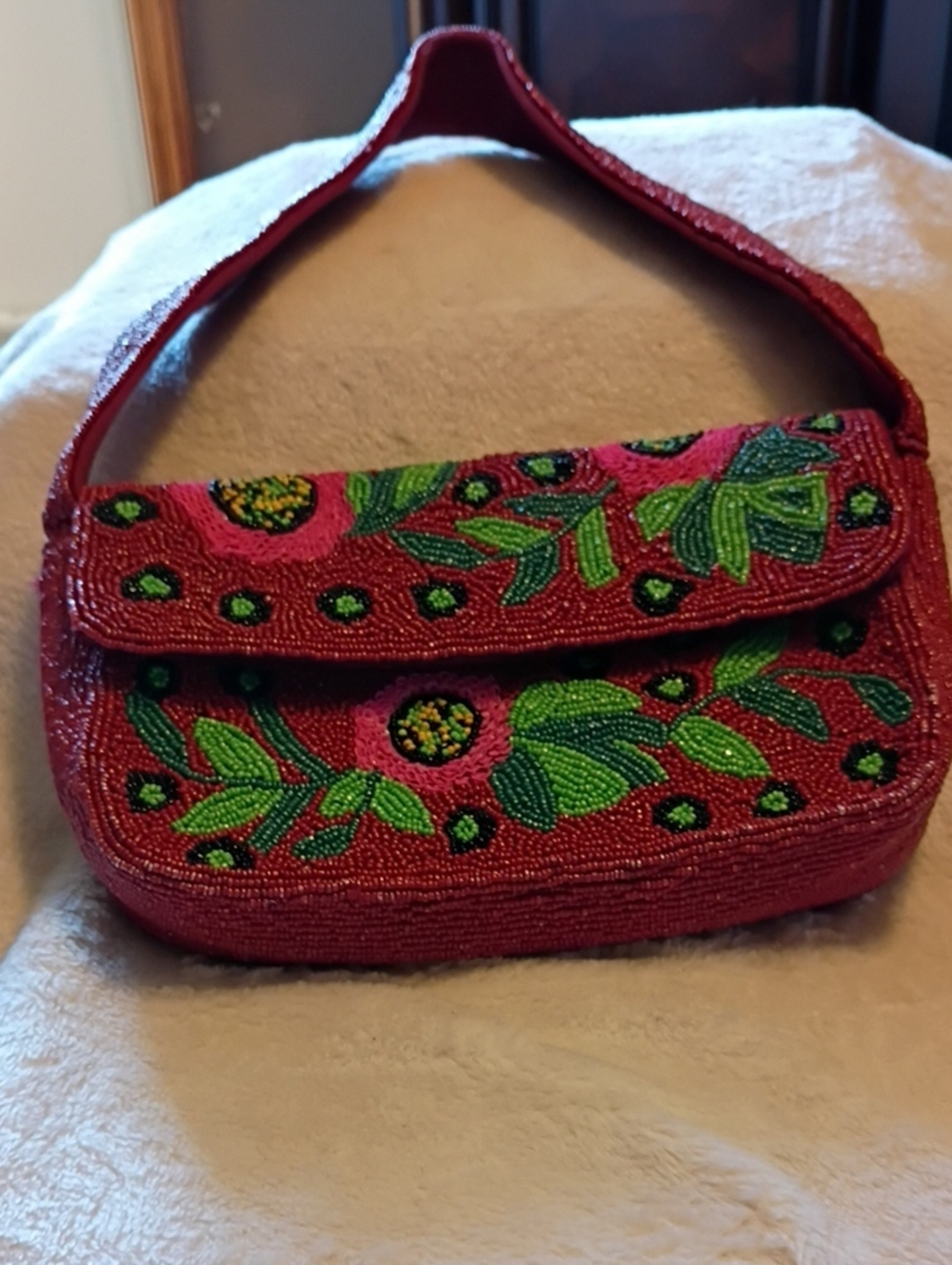 America & Beyond Express Beaded Floral Shoulder Bag in Red with Green Accents